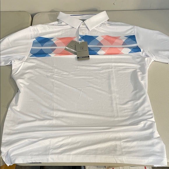 PGA Tour White Polo Shirt with Blue and Pink Accents - Picture 1 of 1
